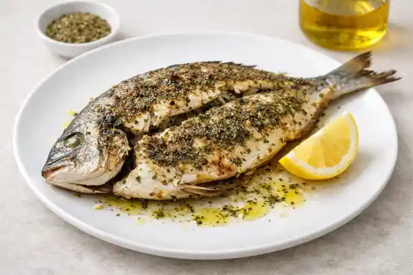 Dorada a las finas hierbas a la plancha con lim&oacute;n y aceite de oliva, servida en plato blanco con fondo neutro