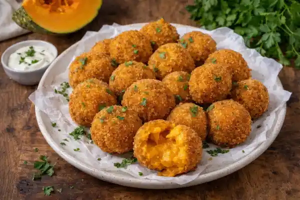 Croquetas de calabaza caseras crujientes por fuera y cremosas por dentro, fotograf&iacute;a gourmet luminosa.