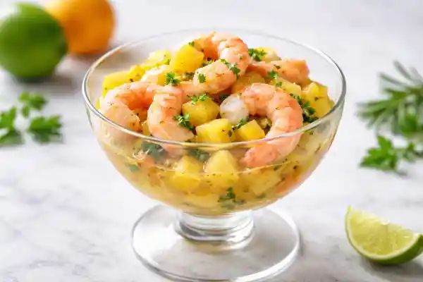 C&oacute;ctel de langostinos con vinagreta de c&iacute;tricos servido en copa, con pi&ntilde;a y mango en dados y perejil por encima