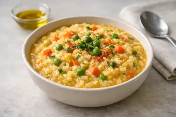 Arroz con verdura f&aacute;cil y saludable servido en bol, con arroz meloso y verduras, fotograf&iacute;a luminosa estilo gourmet