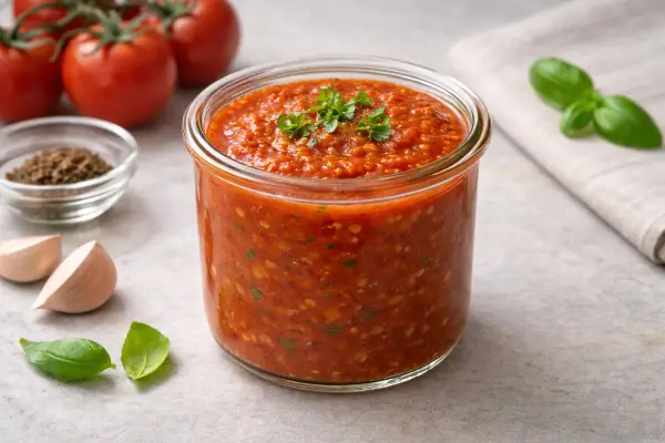 Vinagreta de tomate casera en tarro de cristal, con textura emulsionada, sobre fondo neutro y luz natural.