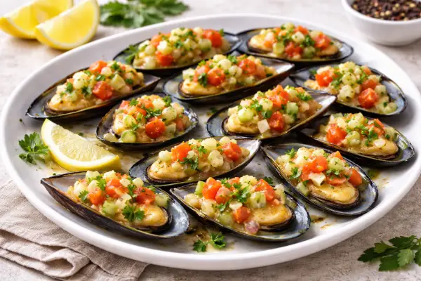 Mejillones con pipirrana servidos en plato blanco, con verduras picadas y ali&ntilde;o de aceite de oliva, fotograf&iacute;a luminosa y realista.