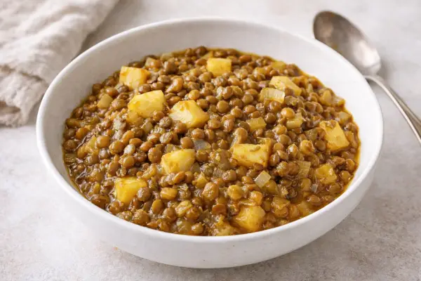 Texto alternativo (ALT):** Lentejas con manzana salteadas con cebolla y especias (curry, comino y c&uacute;rcuma) en cuenco blanco, fotograf&iacute;a luminosa.