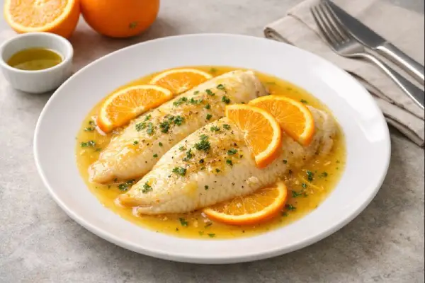 Lenguado a la naranja con salsa c&iacute;trica suave y rodajas de naranja en plato blanco, presentaci&oacute;n gourmet y luminosa.