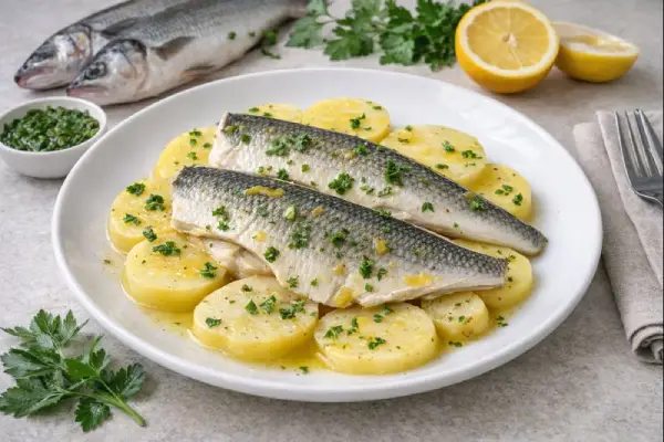 Lubina hervida con patatas servida con verduras cocidas y aceite de oliva, en plato blanco y luz natural