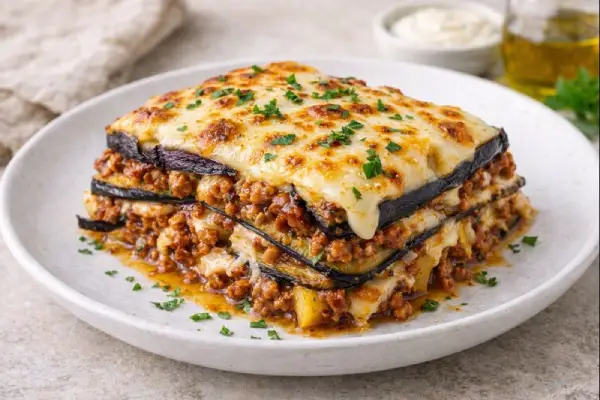 Lasa&ntilde;a de berenjenas con capas de berenjena asada, relleno jugoso y bechamel ligera gratinada, en plato blanco y fondo neutro.