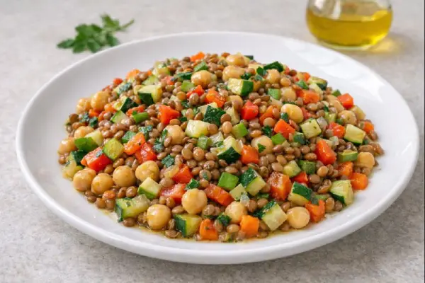 Legumbres salteadas con calabac&iacute;n, cebolla, pimiento rojo y verde, y zanahoria, salteadas con aceite de oliva en plato blanco