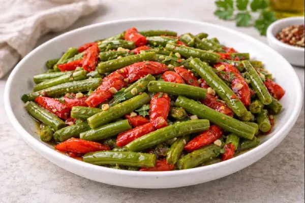 Jud&iacute;as verdes con pimientos rojos en tiras, salteadas con ajo y un toque de aceite de oliva, servidas en cuenco blanco sobre fondo neutro.