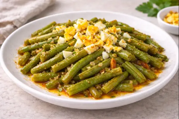 Jud&iacute;as verdes con piment&oacute;n salteadas con ajo y aceite de oliva, con huevo duro troceado por encima, servidas en plato blanco y fondo neutro.