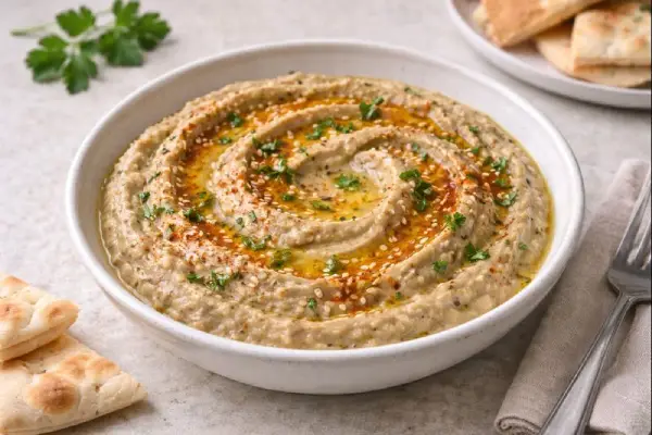 Hummus de berenjena cremoso en cuenco blanco, con aceite de oliva, piment&oacute;n y s&eacute;samo, en fondo neutro y luz natural