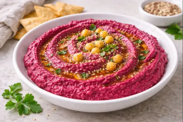 Hummus de remolacha cremoso con garbanzos, aceite de oliva y s&eacute;samo, servido en cuenco blanco con fondo neutro y luz natural.