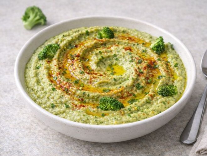 Hummus de br&oacute;coli cremoso en cuenco blanco con hilo de aceite de oliva y piment&oacute;n dulce, fondo neutro y luz natural