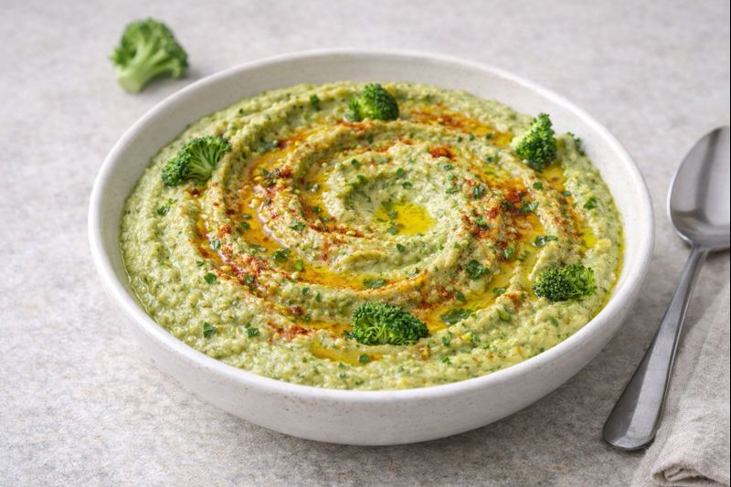 Hummus de br&oacute;coli cremoso en cuenco blanco con hilo de aceite de oliva y piment&oacute;n dulce, fondo neutro y luz natural