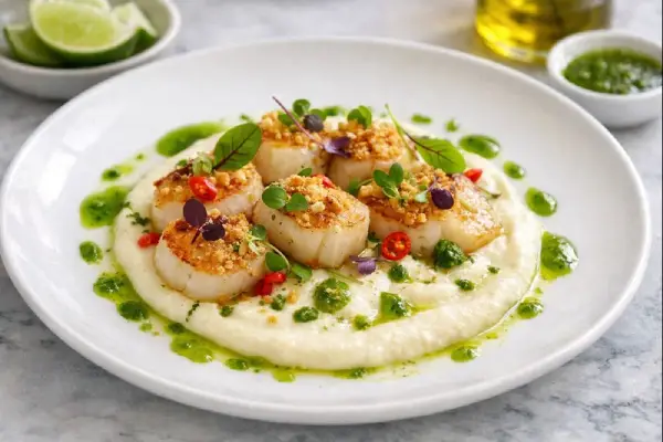 Tiradito de vieiras templadas sobre crema fina de coliflor con aceite verde de perejil y toque de lim&oacute;n, presentado en plato blanco