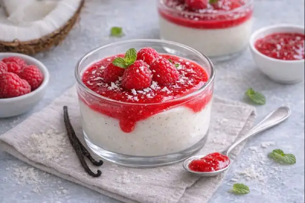 Panna cotta ligera de coco y vainilla servida en vaso, con coulis de frambuesa natural y frambuesas frescas