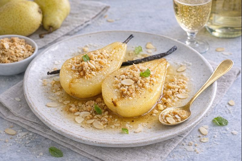 Peras al cava y vainilla servidas templadas con crumble crujiente de almendra sobre plato cer&aacute;mico