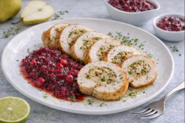 Roulade de pavo rellena de pera y hierbas, servida en rodajas con salsa de ar&aacute;ndanos sin az&uacute;car