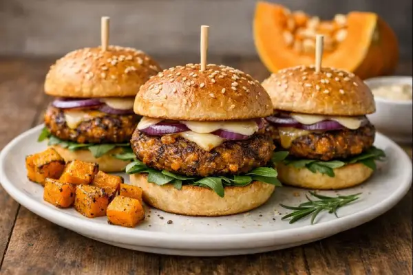 Hamburguesas de calabaza con ternera, jugosas y doradas, servidas en plato blanco con fondo neutro