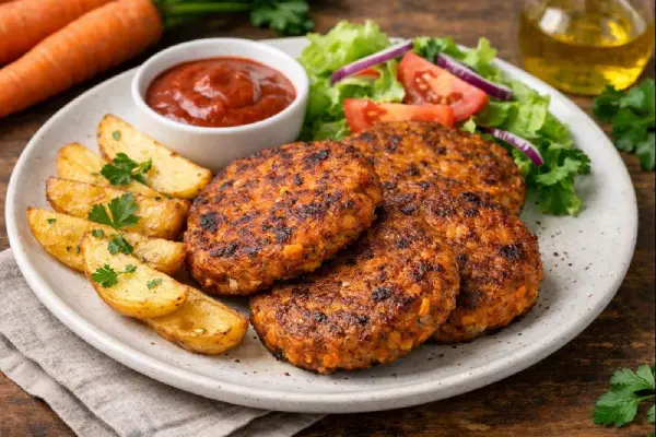 Hamburguesas de zanahoria de ternera a la plancha, doradas y jugosas, servidas en plato con ensalada