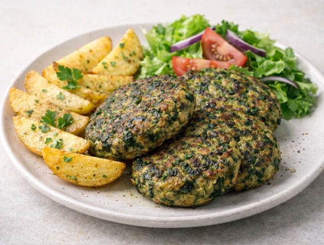 Hamburguesas de espinacas con ternera doradas a la plancha, presentadas en plato blanco con guarnición ligera