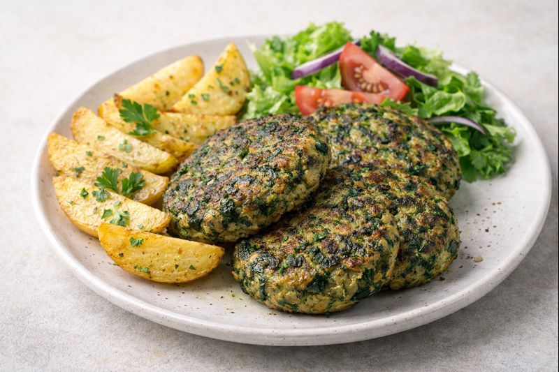 Hamburguesas de espinacas con ternera doradas a la plancha, presentadas en plato blanco con guarnici&oacute;n ligera