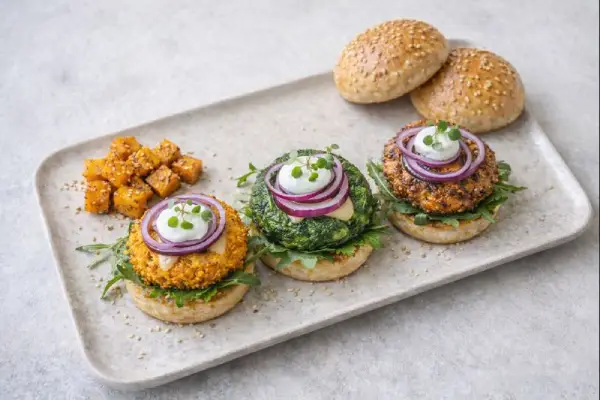 Hamburguesas tricolor caseras de ternera con calabaza, calabac&iacute;n y espinacas, en plato blanco y fondo neutro