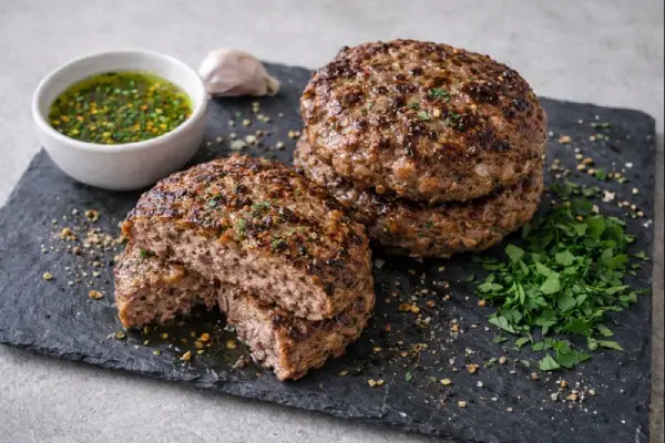 Hamburguesas de ternera caseras doradas en pizarra, con perejil fresco y aceite de oliva en fondo neutro y luminoso.