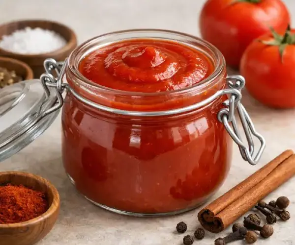 Salsa de ketchup casera en tarro de cristal con tomates frescos y especias, fotograf&iacute;a luminosa y realista.