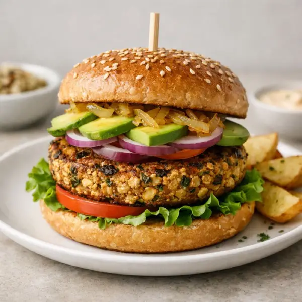 Hamburguesa de tofu y quinoa a la plancha, dorada y crujiente, servida en plato blanco con hojas de albahaca