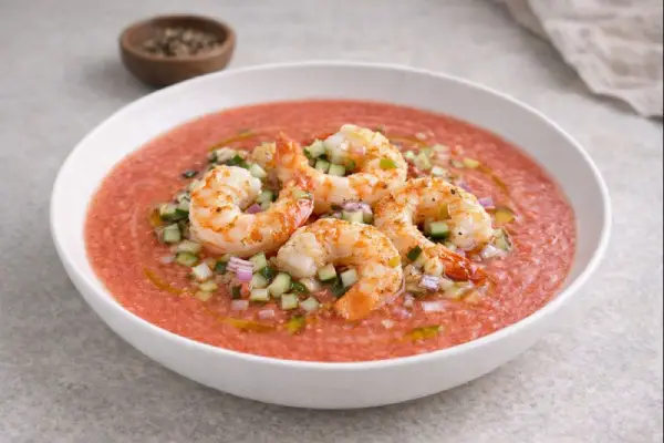 Salmorejo de sand&iacute;a y langostinos en plato blanco, con langostinos a la plancha y un hilo de aceite de oliva, foto gourmet luminosa sobre fondo neutro.