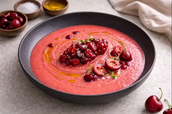 Salmorejo de cerezas en cuenco blanco, crema fr&iacute;a rosada con cerezas picadas y un hilo de aceite de oliva, foto gourmet luminosa y fondo neutro.