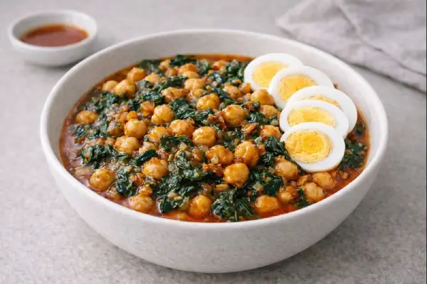 Garbanzos con espinacas estilo Sevilla servidos en cuenco blanco, con salsa rojiza de piment&oacute;n y brillo de aceite, luz natural y fondo neutro