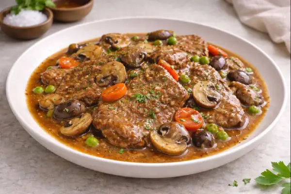 Fricand&oacute; de ternera en salsa con setas laminadas, zanahoria y guisantes, servido en plato claro con luz natural suave y fondo neutro.