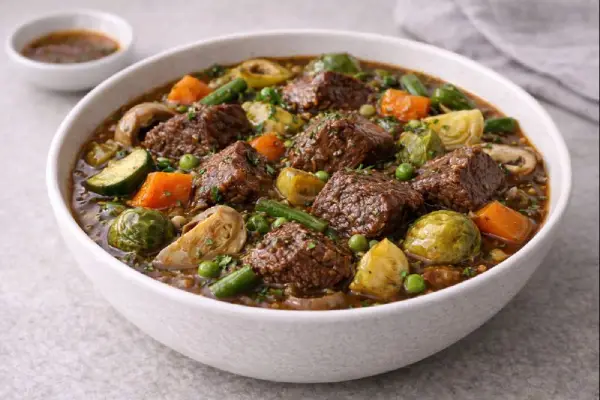 Estofado de ternera casero servido en cuenco blanco con verduras variadas y salsa melosa, luz natural y fondo neutro