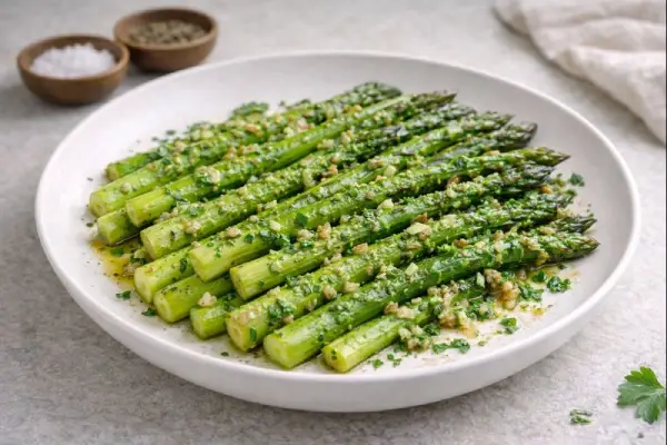 Guarnici&oacute;n de esp&aacute;rragos trigueros salteados con ajo y perejil, servidos en plato blanco con luz natural y fondo neutro.