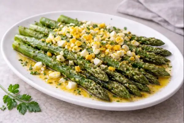 Esp&aacute;rragos trigueros con huevo duro picado y aceite de oliva con ajo, servidos en fuente blanca con luz natural y fondo neutro