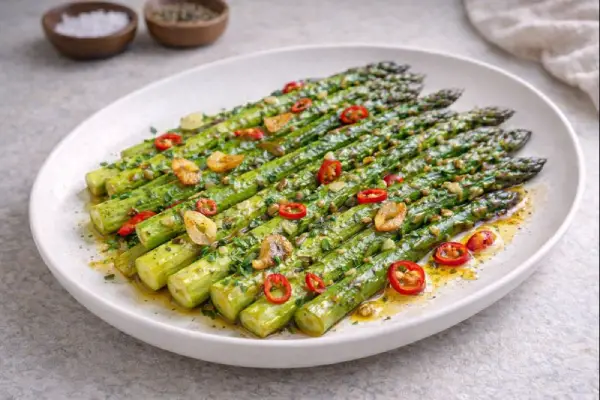 Esp&aacute;rragos trigueros con ajo y guindilla en fuente ovalada blanca, con l&aacute;minas de ajo dorado y rodajitas de guindilla roja, foto gourmet luminosa sobre fondo neutro.