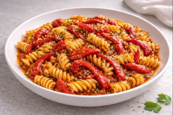 Espirales con pimientos rojos asados en tiras sobre pasta en salsa de tomate, emplatadas en cuenco blanco con luz natural y fondo neutro.