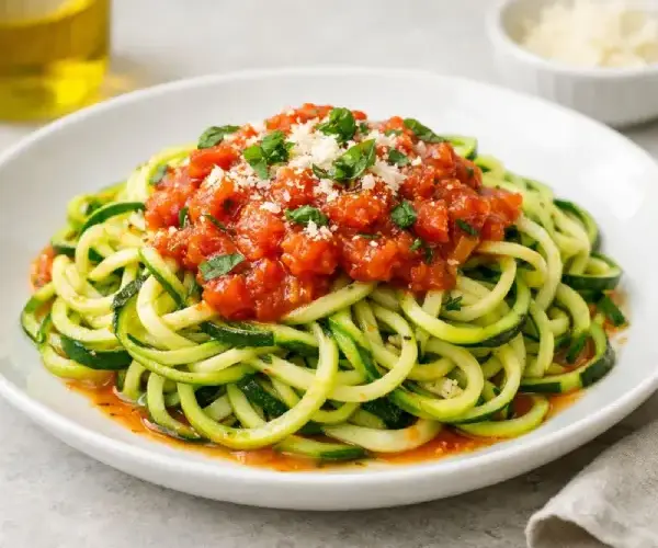 Espaguetis de calabac&iacute;n con salsa de tomate casera y hierbas arom&aacute;ticas, servidos en plato blanco con toque gourmet