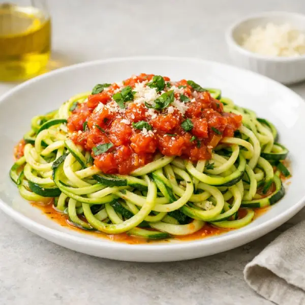 Espaguetis de calabac&iacute;n con salsa de tomate casera y hierbas arom&aacute;ticas, servidos en plato blanco con toque gourmet