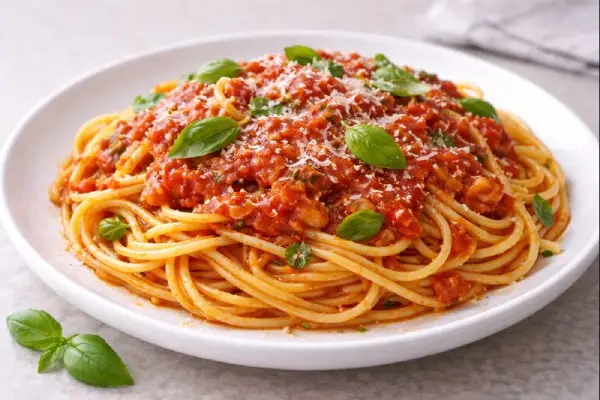 Espaguetis con salsa de tomate casera en plato blanco, con albahaca fresca y queso rallado desgrasado, fotograf&iacute;a luminosa y fondo neutro
