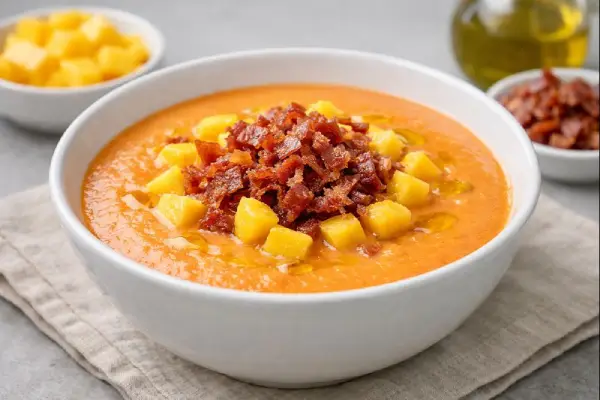 Salmorejo de mango con crujiente de jam&oacute;n serrano, servido muy fr&iacute;o y decorado con dados de mango y jam&oacute;n crujiente en un cuenco blanco.