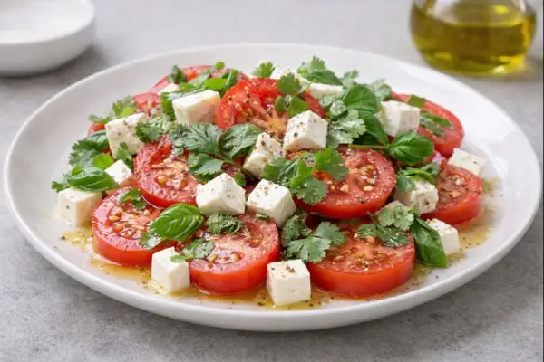 Ensalada de tomate y queso fresco al cilantro con rodajas de tomate, dados de queso fresco, hojas de cilantro y albahaca, ali&ntilde;ada con aceite de oliva y servida en plato blanco.