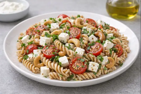 Ensalada de pasta integral con anacardos y queso fresco en plato blanco, con espirales integrales, dados de queso, anacardos y tomate, servida con salsa de yogur en un ambiente luminoso.