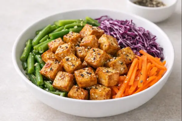 Ensalada de tofu marinado con jud&iacute;as verdes, zanahoria y col lombarda, servida en bol blanco y acabada con semillas de s&eacute;samo