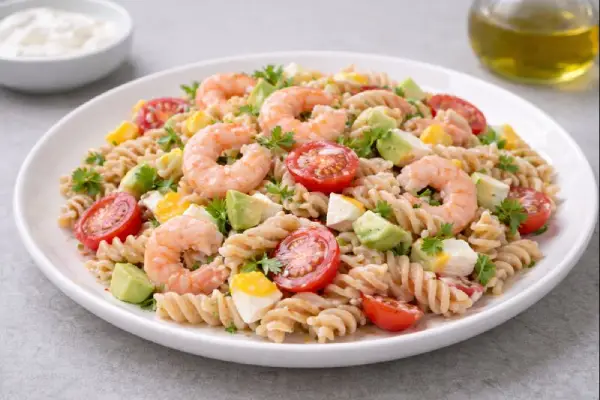 Ensalada de pasta con gambas servida en plato blanco, con espirales de pasta, gambas cocidas, tomates, dados de mango y pi&ntilde;a, y salsa rosa en un entorno luminoso y fondo neutro.