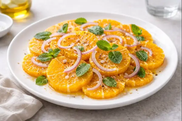 Ensalada de naranja con rodajas de naranja fresca, cebolla en juliana y hojas de hierbabuena, ali&ntilde;ada con aceite de oliva y vinagre.