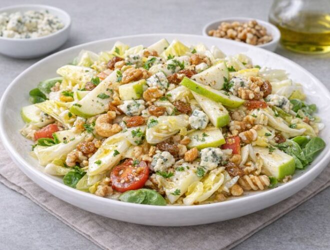 Ensalada de endivias y manzana con dados de manzana, piña, queso fresco de Burgos, fresas y nueces, aliñada con aceite de oliva y limón en un plato blanco.