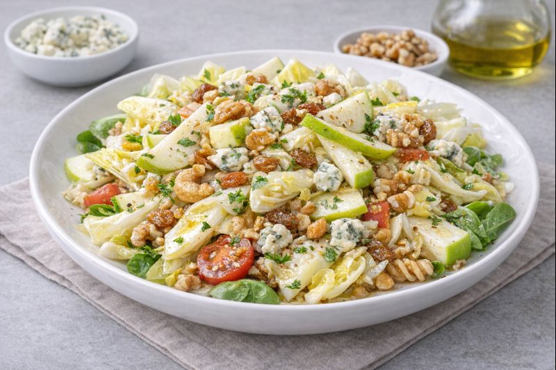 Ensalada de endivias y manzana con dados de manzana, pi&ntilde;a, queso fresco de Burgos, fresas y nueces, ali&ntilde;ada con aceite de oliva y lim&oacute;n en un plato blanco.