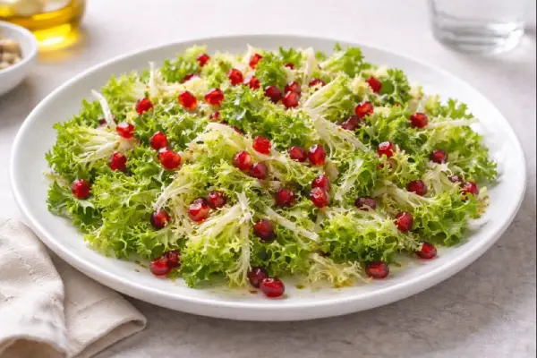 Ensalada de escarola y granada en plato blanco, con hojas crujientes de escarola, granos de granada y vinagreta emulsionada con mostaza de Dijon
